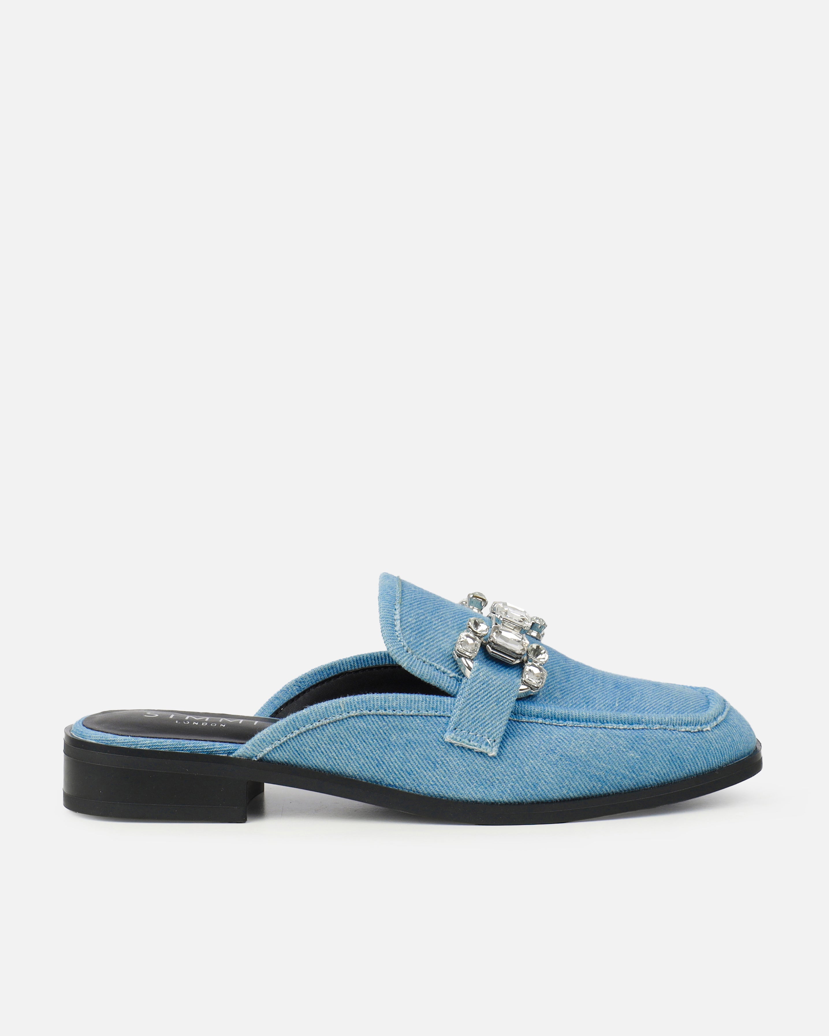 Xanthe Blue Denim Diamanté Slip On Mules | SIMMI London
