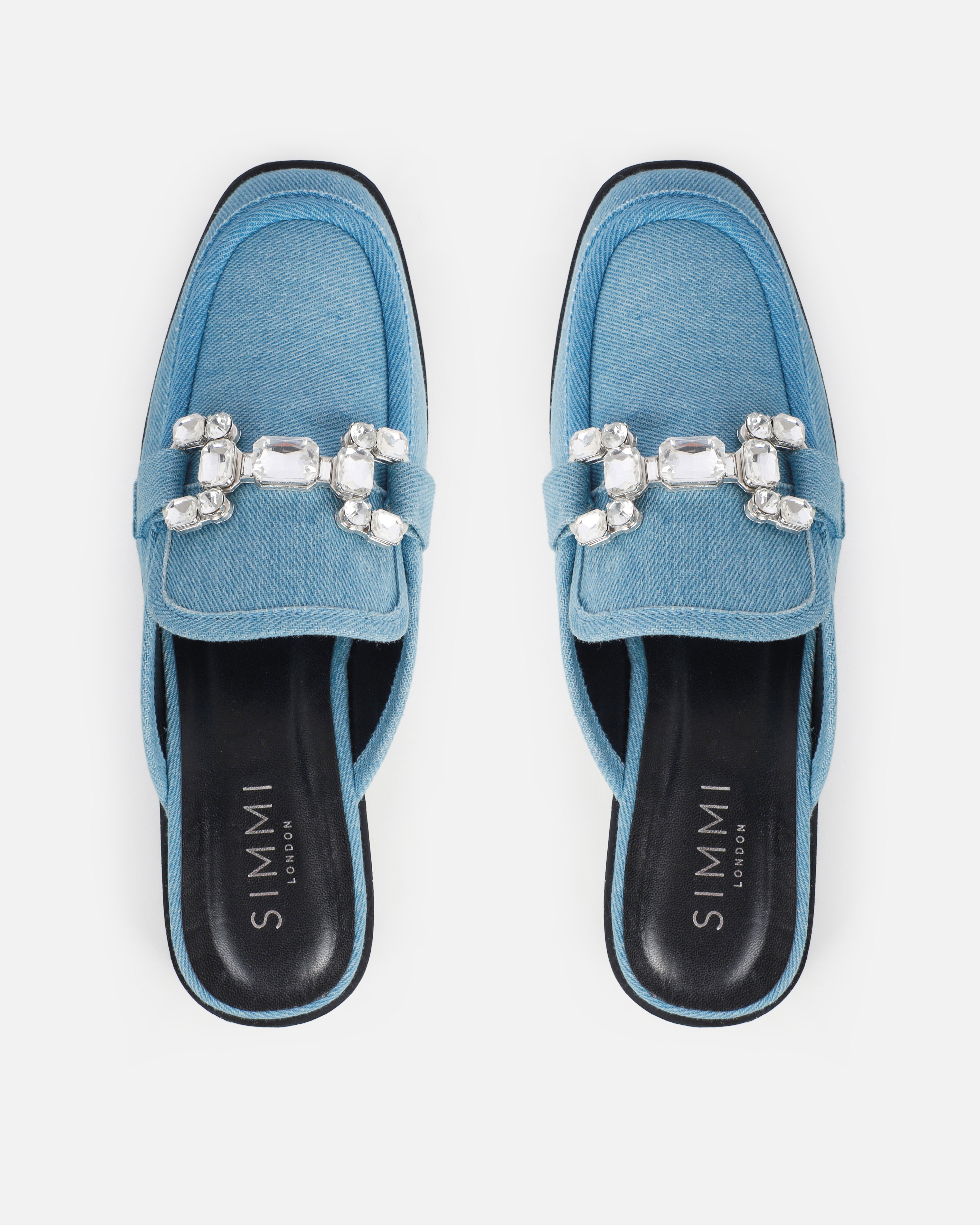 Xanthe Blue Denim Diamanté Slip On Mules | SIMMI London