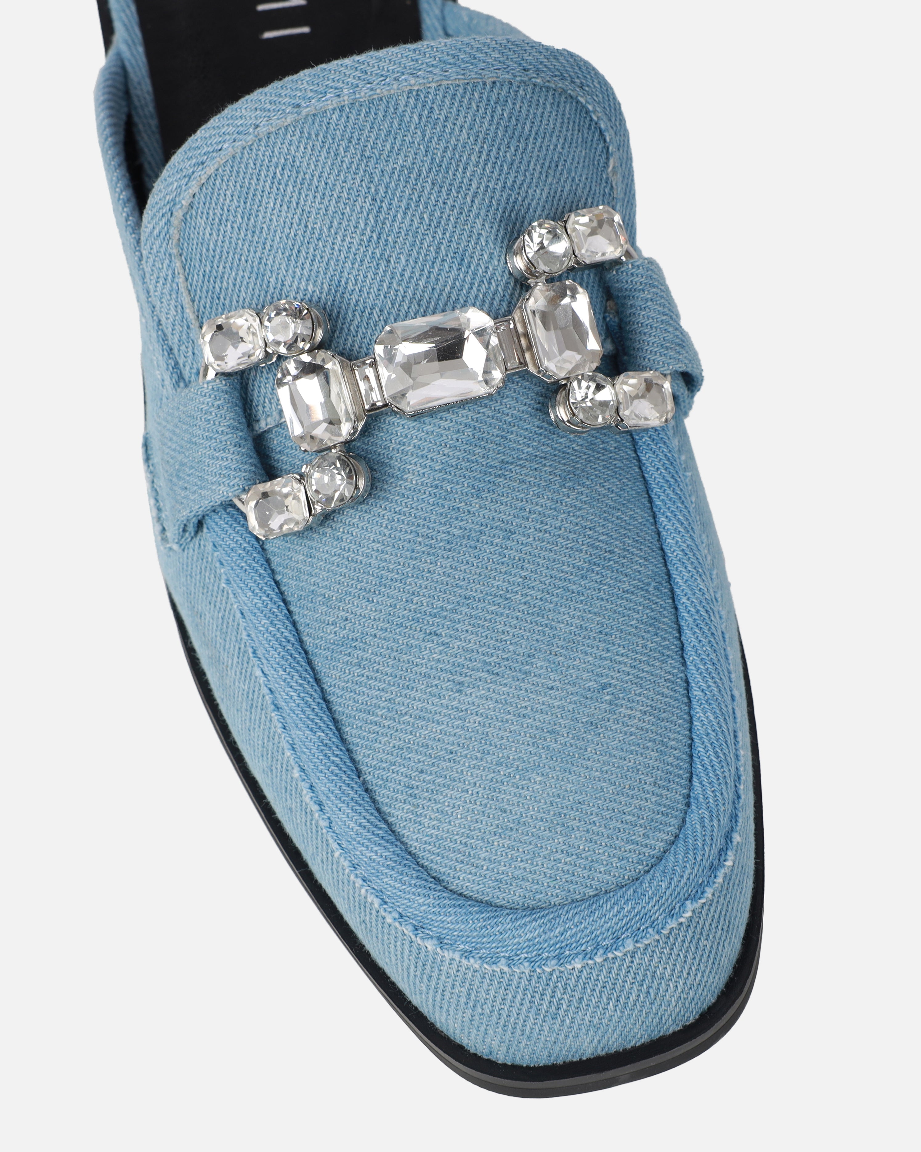 Xanthe Blue Denim Diamanté Slip On Mules | SIMMI London