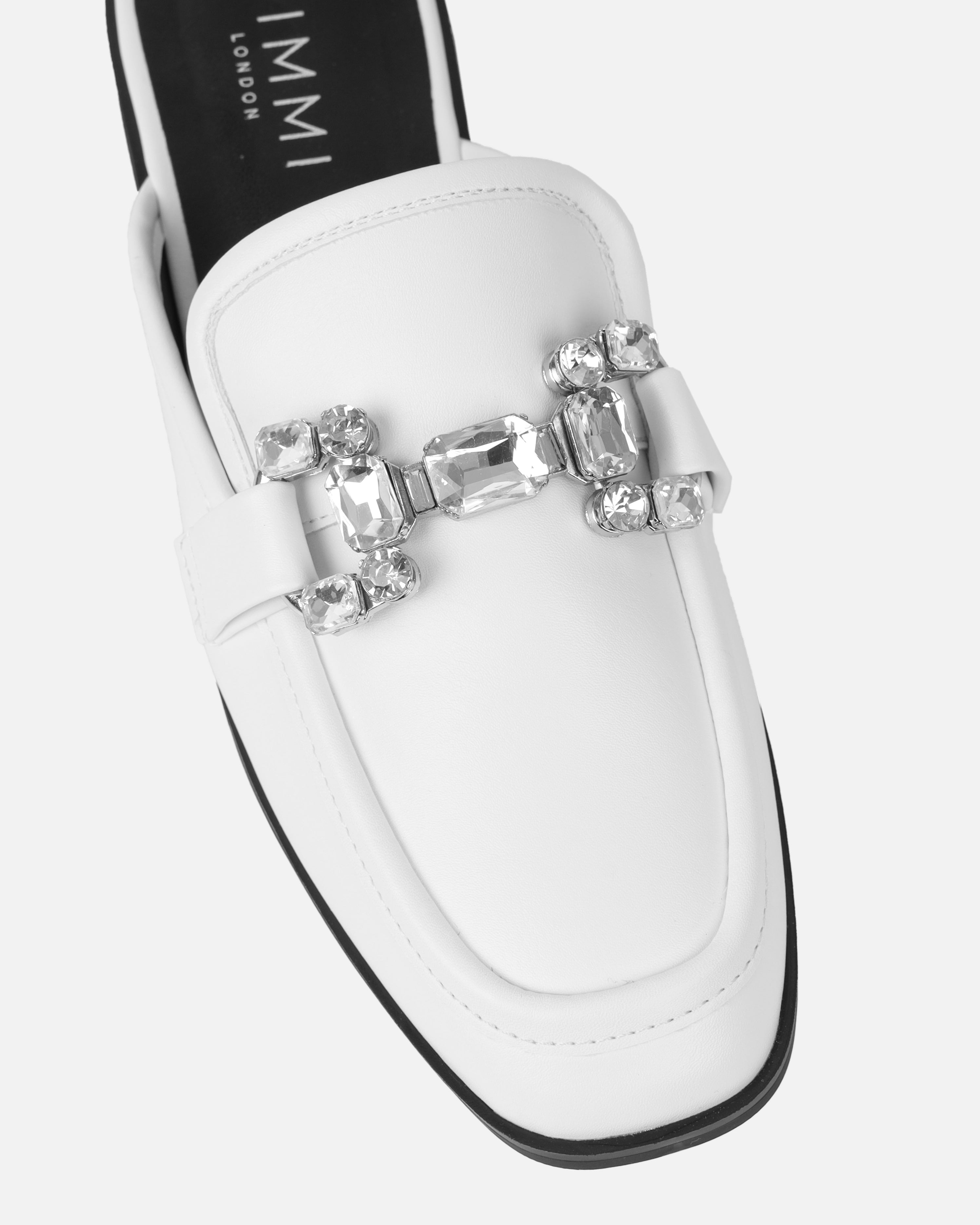 Xanthe White Diamanté Slip On Mules | SIMMI London