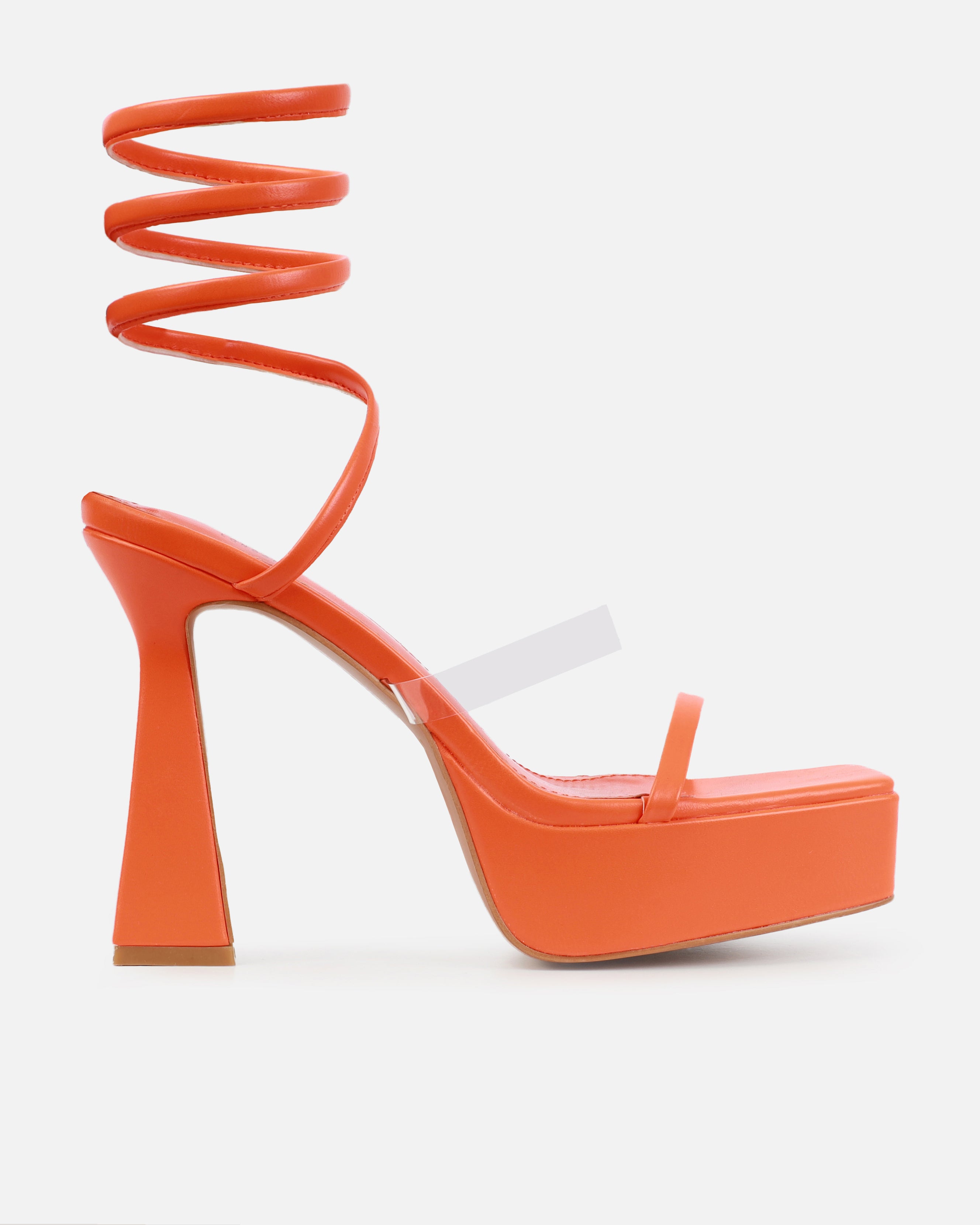 Yolanda Orange Spiral Clear Platform Block Heels | SIMMI London