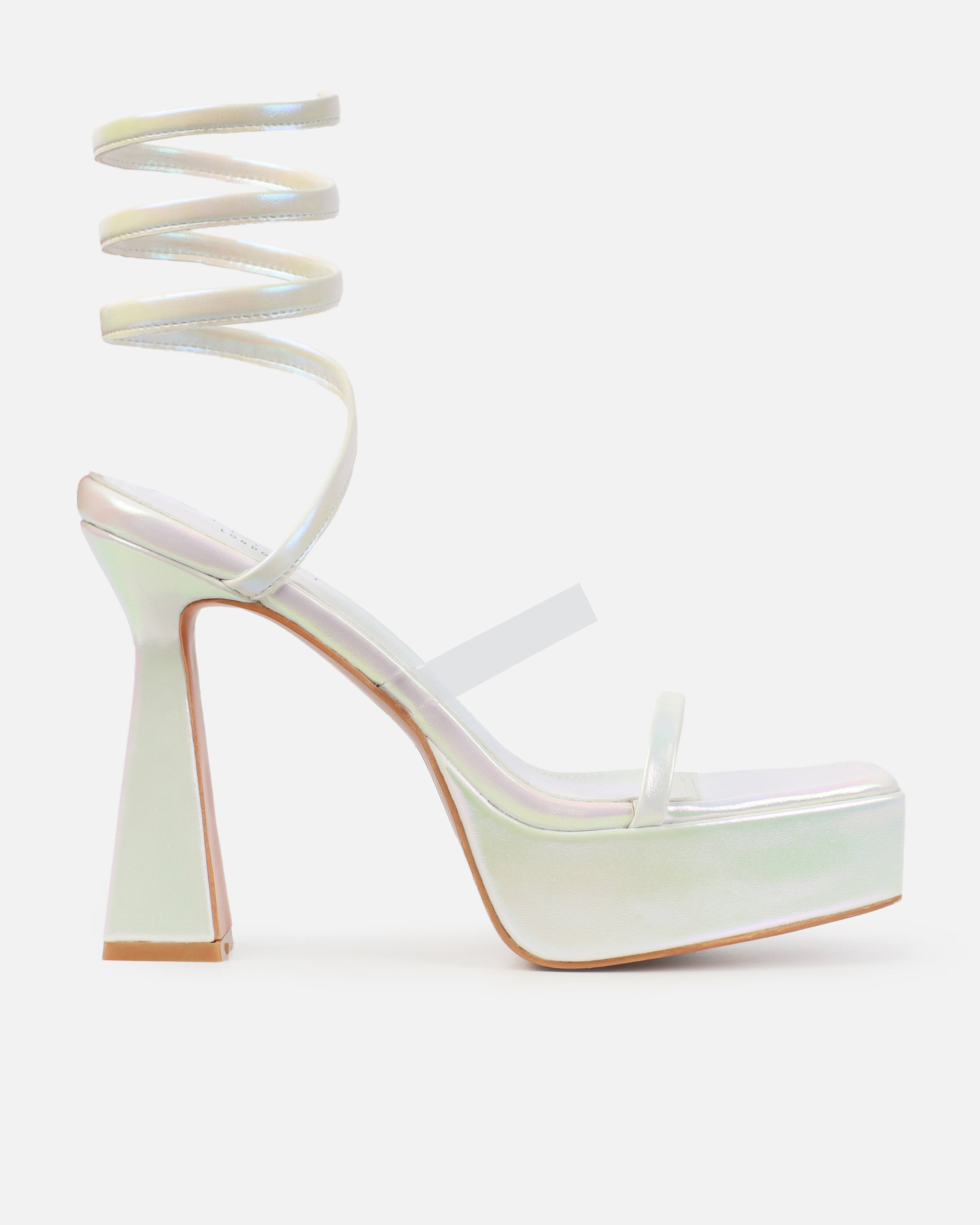 Yolanda Iridescent White Spiral Clear Platform Block Heels | SIMMI London
