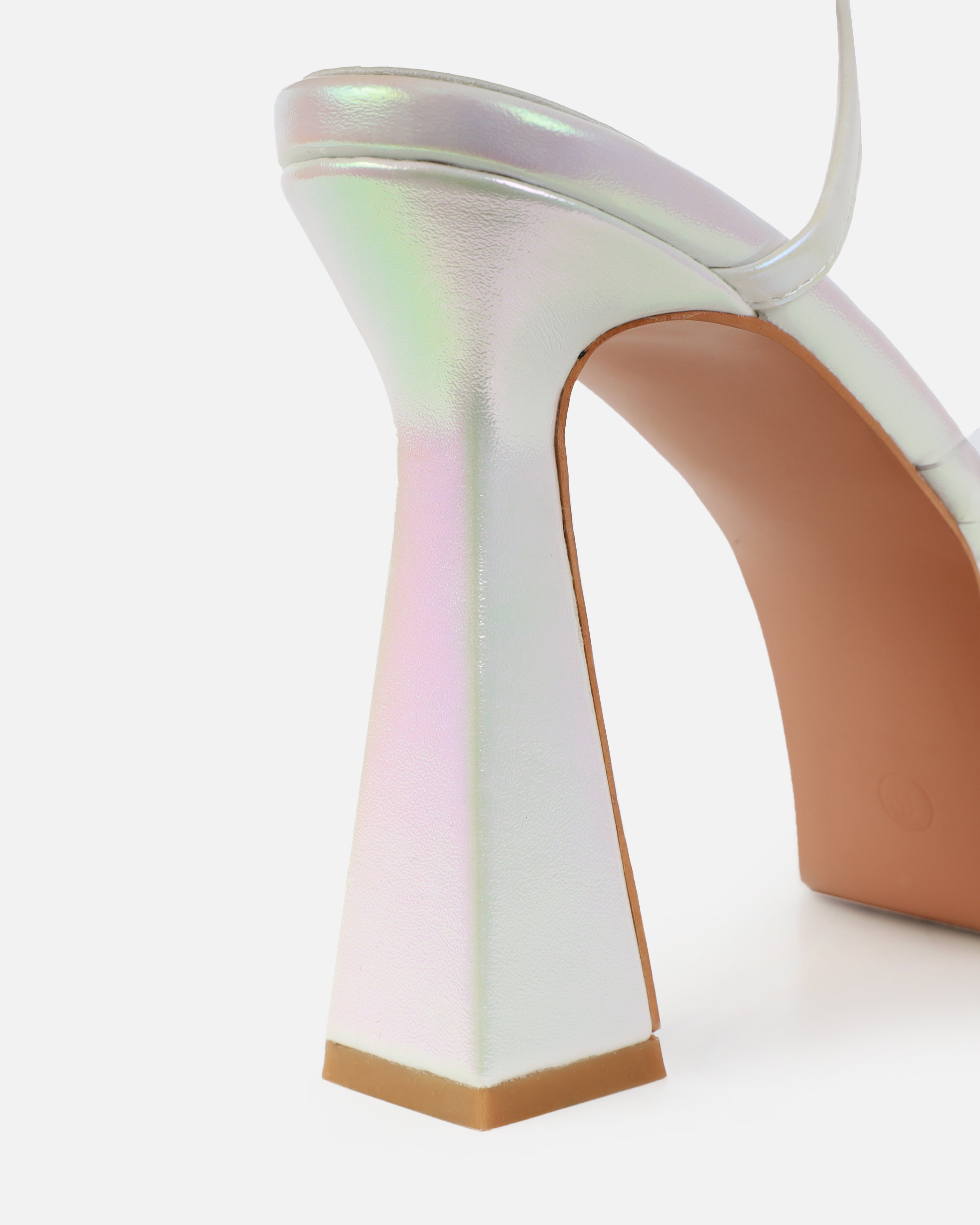 Yolanda Iridescent White Spiral Clear Platform Block Heels | SIMMI London