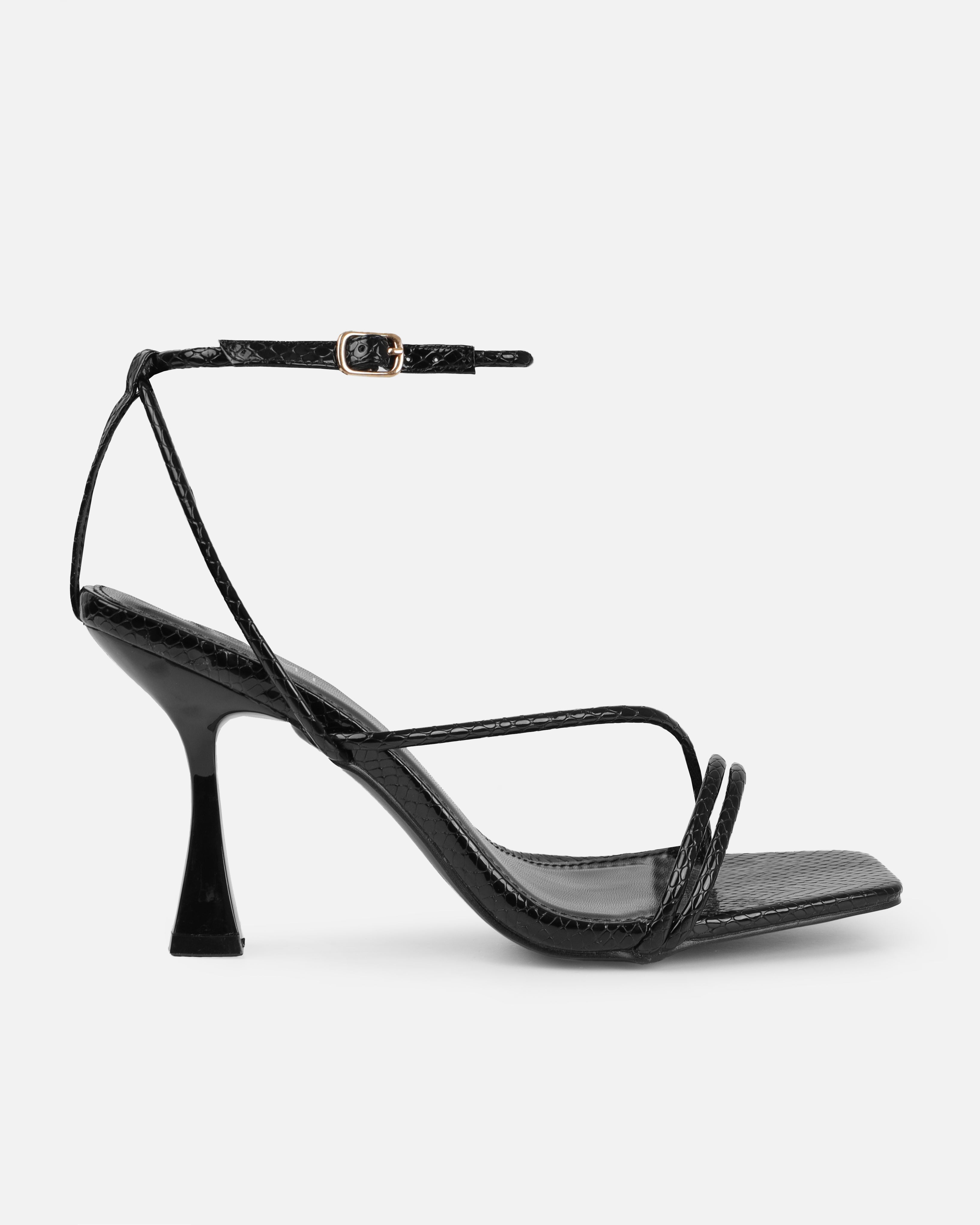 Zadal Black Faux Snake Print Toe Thong Mid Heels | SIMMI London