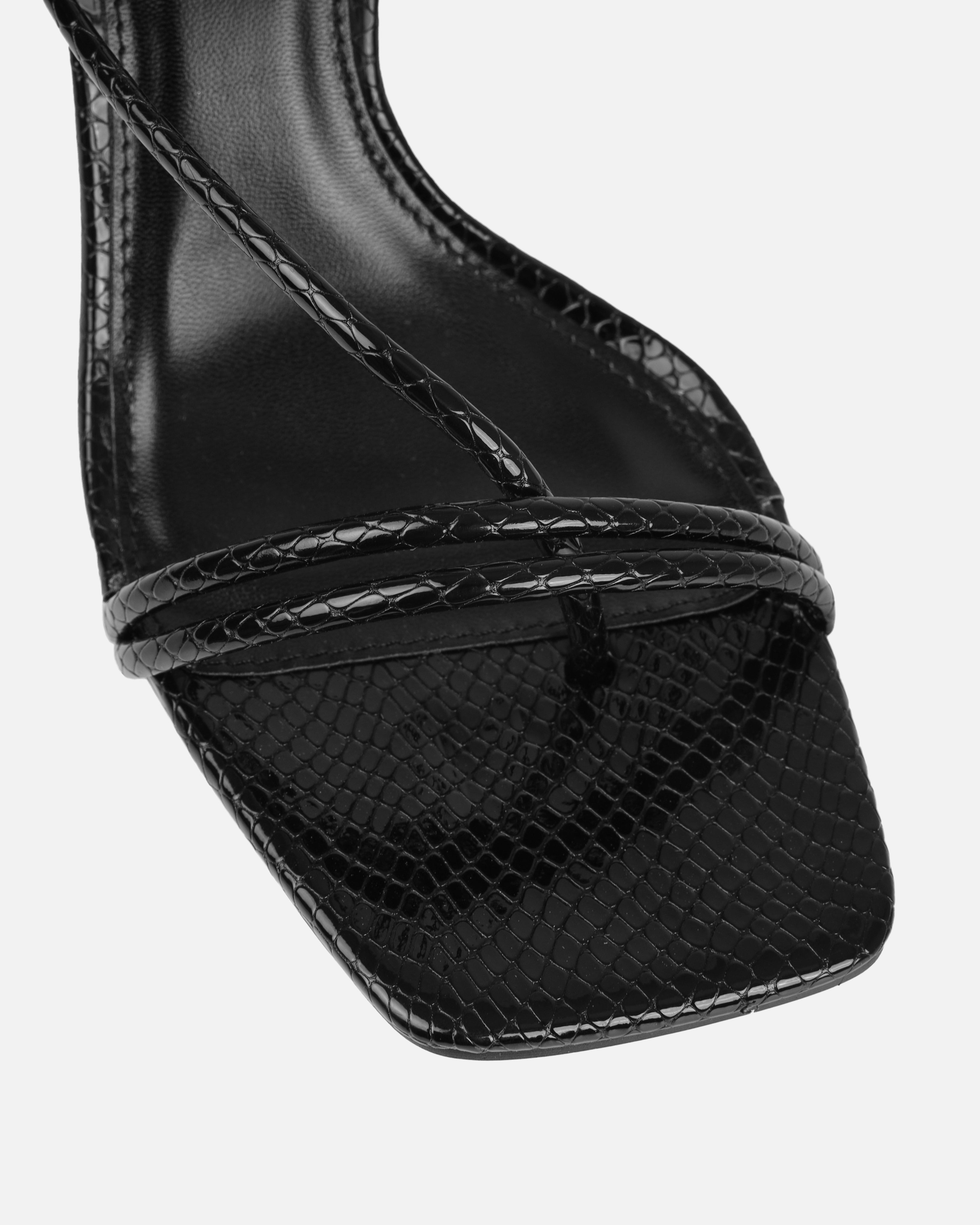 Zadal Black Faux Snake Print Toe Thong Mid Heels | SIMMI London