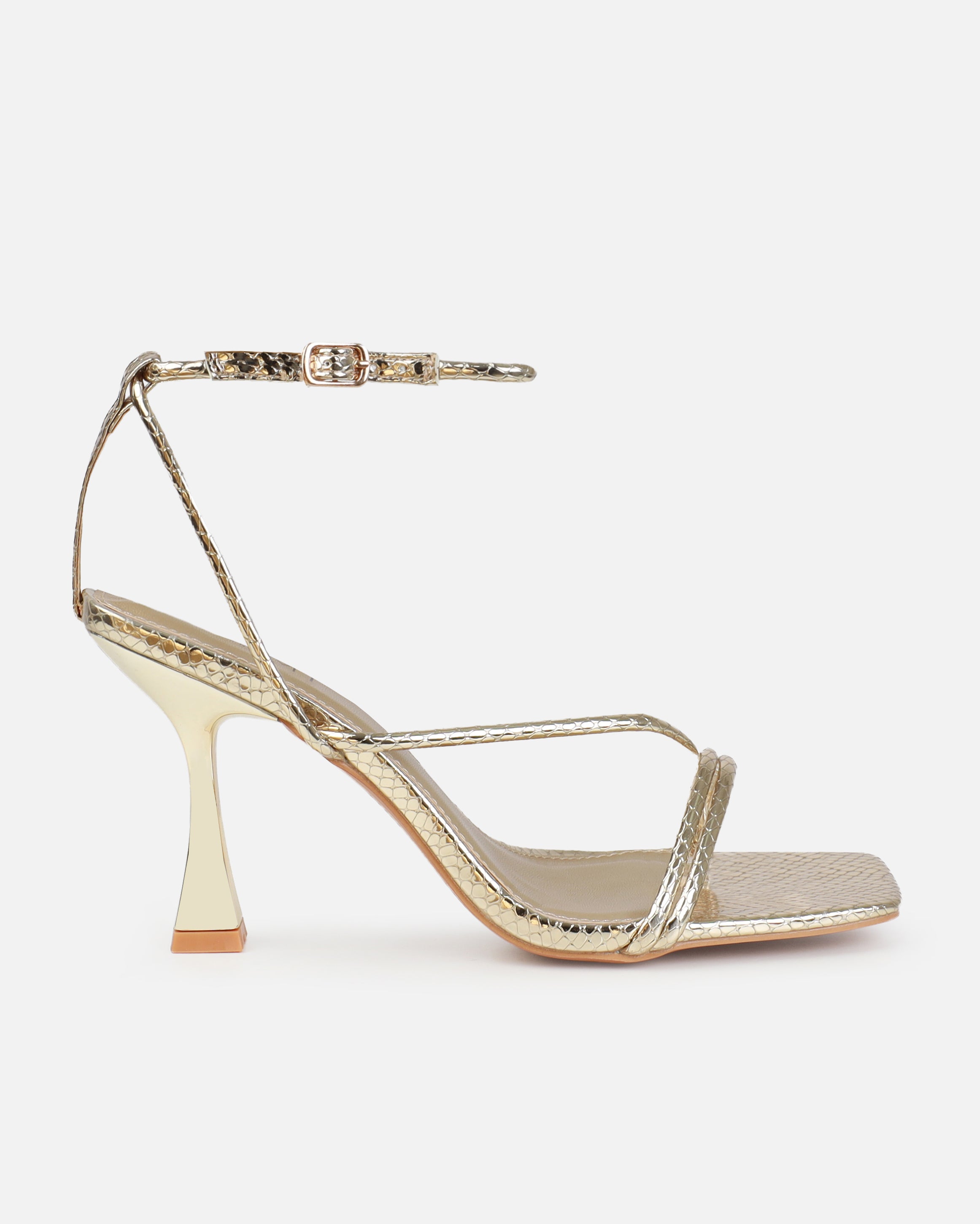 Zadal Gold Faux Snake Print Toe Thong Mid Heels | SIMMI London