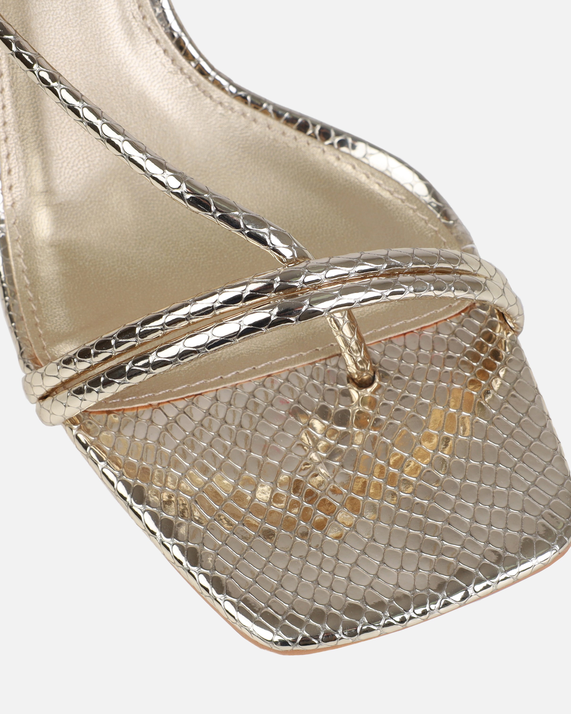 Zadal Gold Faux Snake Print Toe Thong Mid Heels | SIMMI London