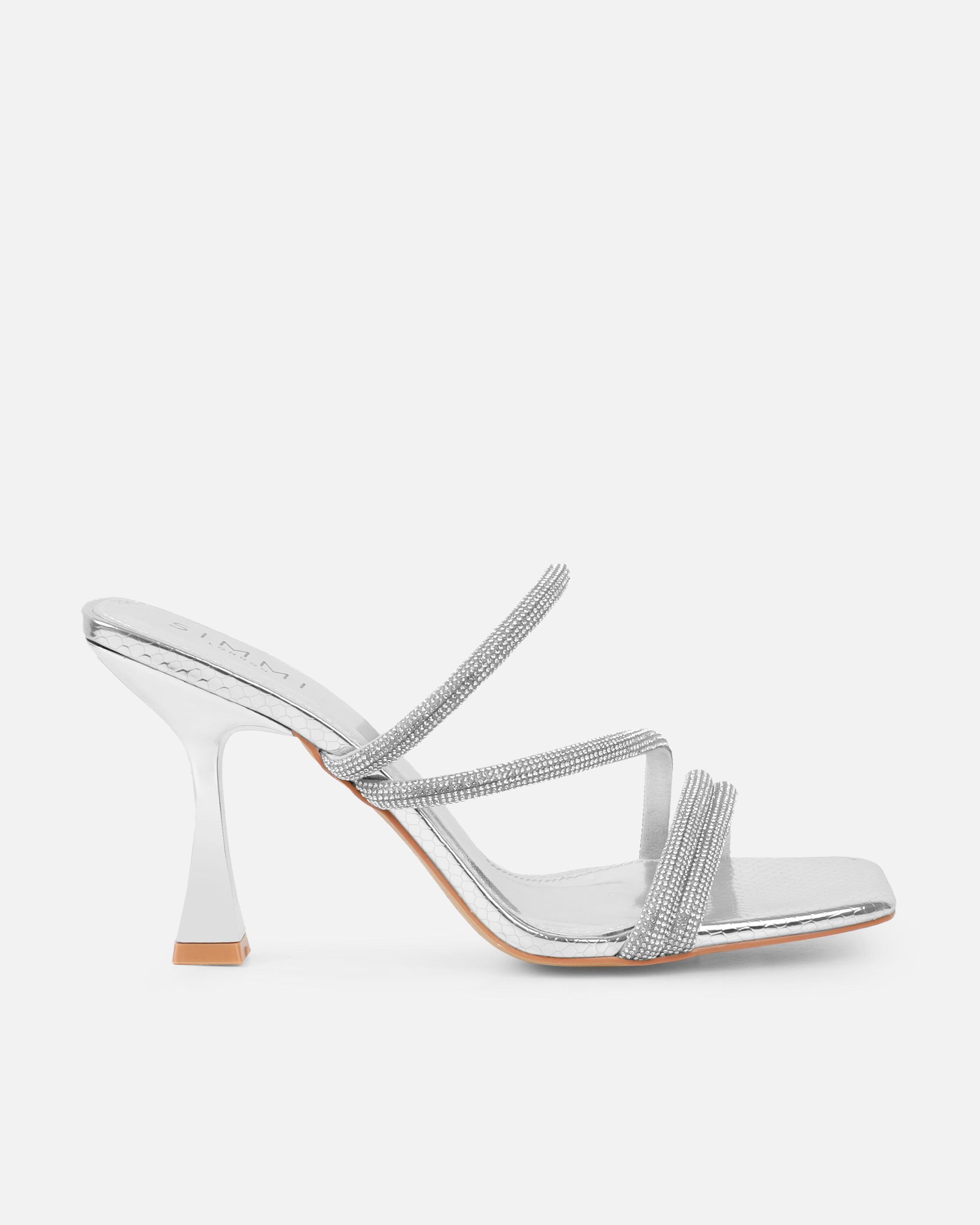 Zita silver metallic snake diamante mid heeled mules | SIMMI London
