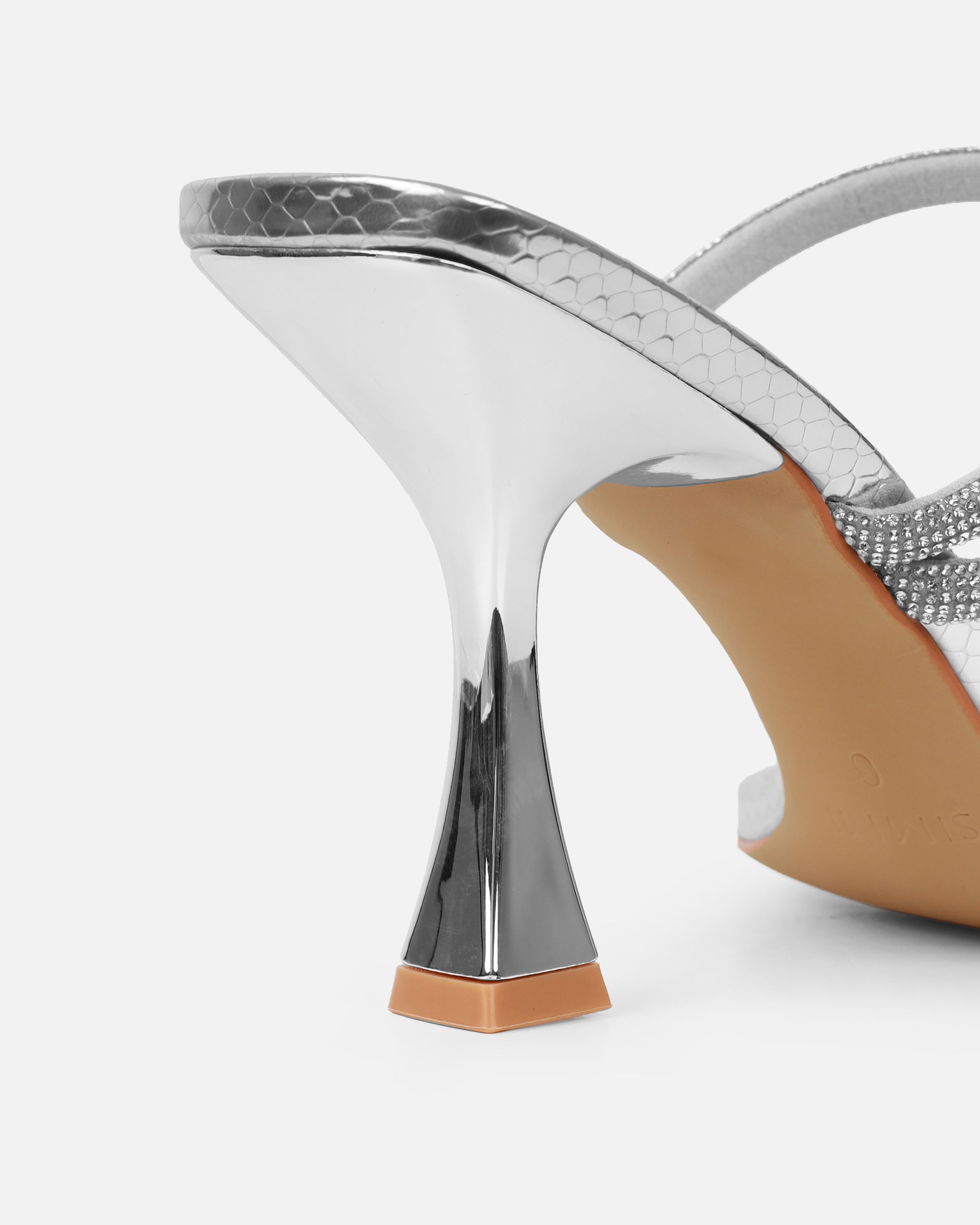 Zita silver metallic snake diamante mid heeled mules | SIMMI London