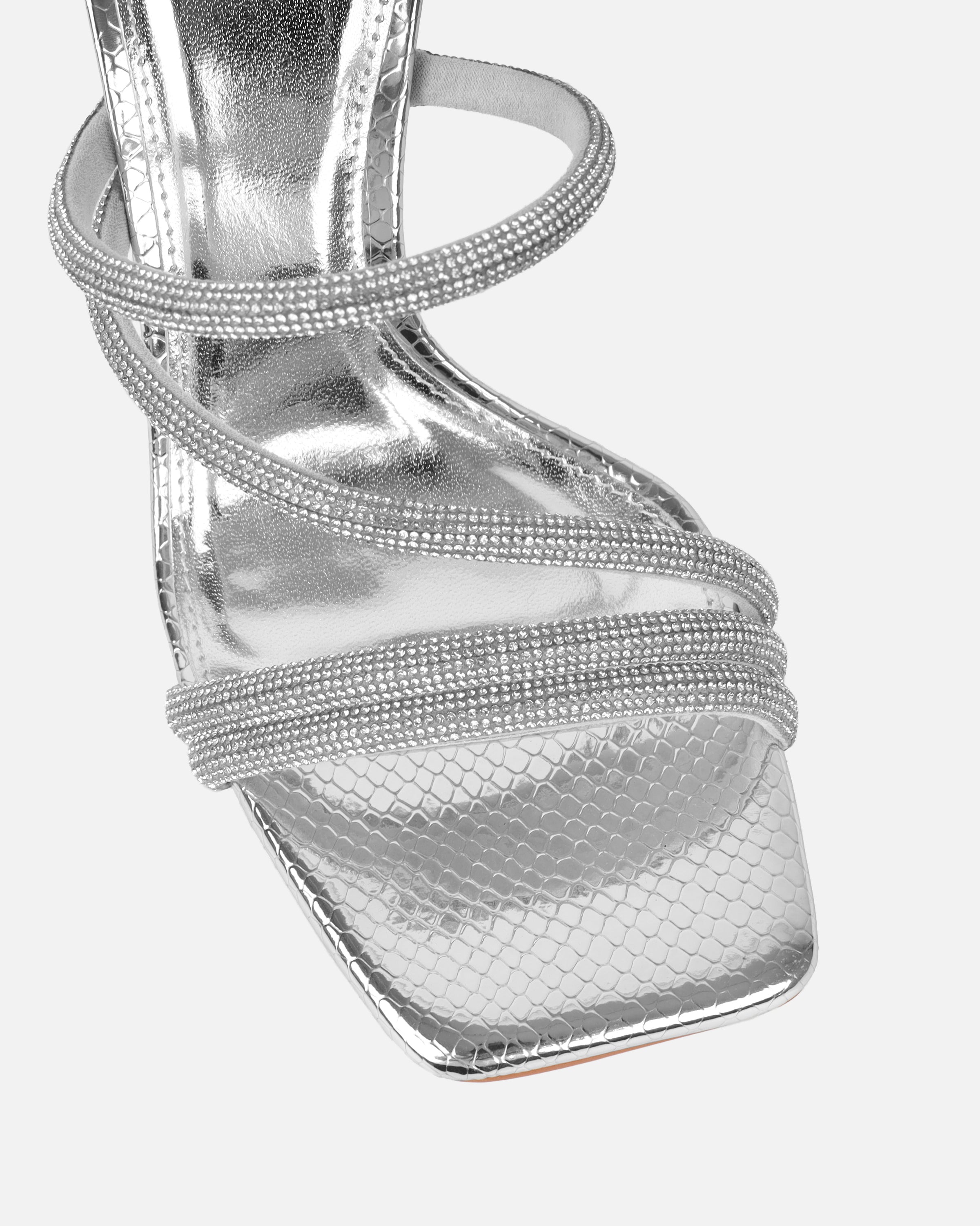 Zita silver metallic snake diamante mid heeled mules | SIMMI London