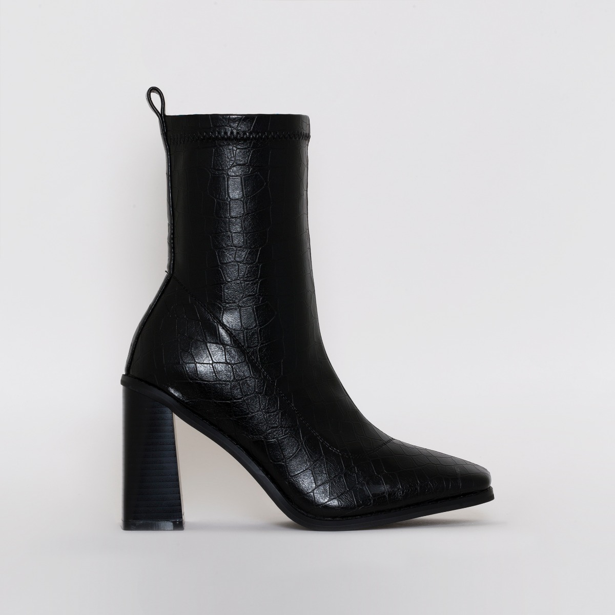 ariel black patent croc print block heel ankle boots