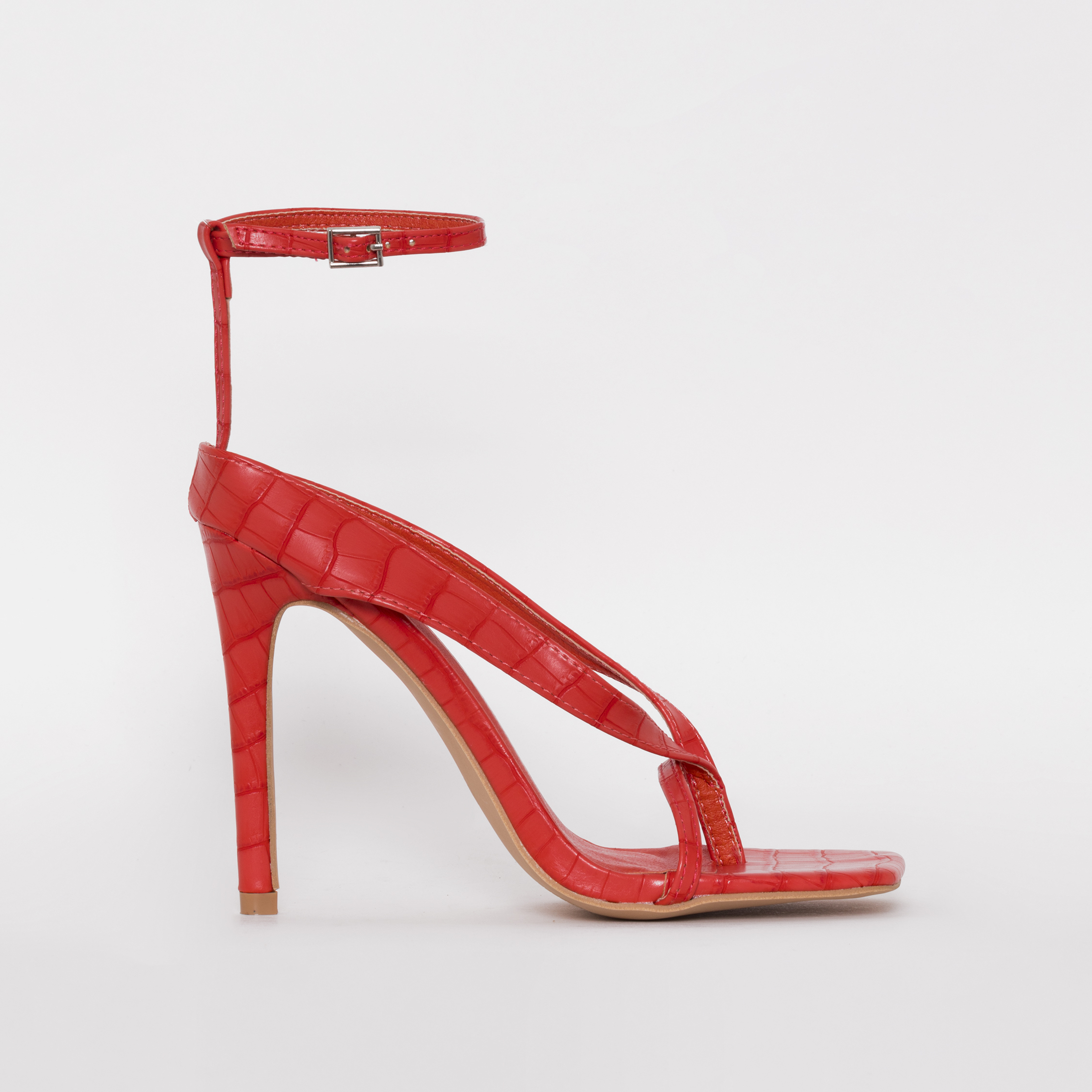 sylvia red faux croc print thong strappy heels