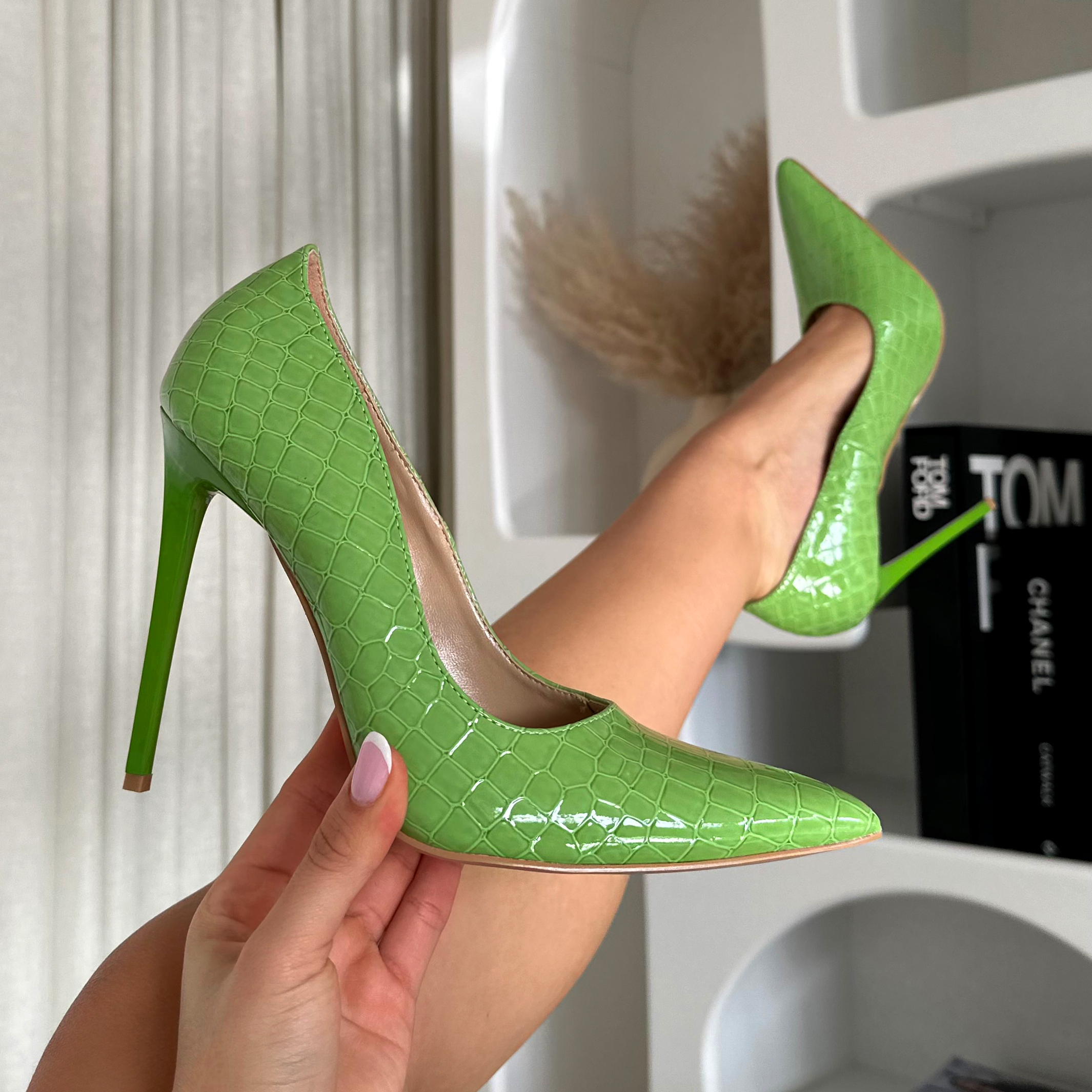 kamii green patent faux croc effect court shoes