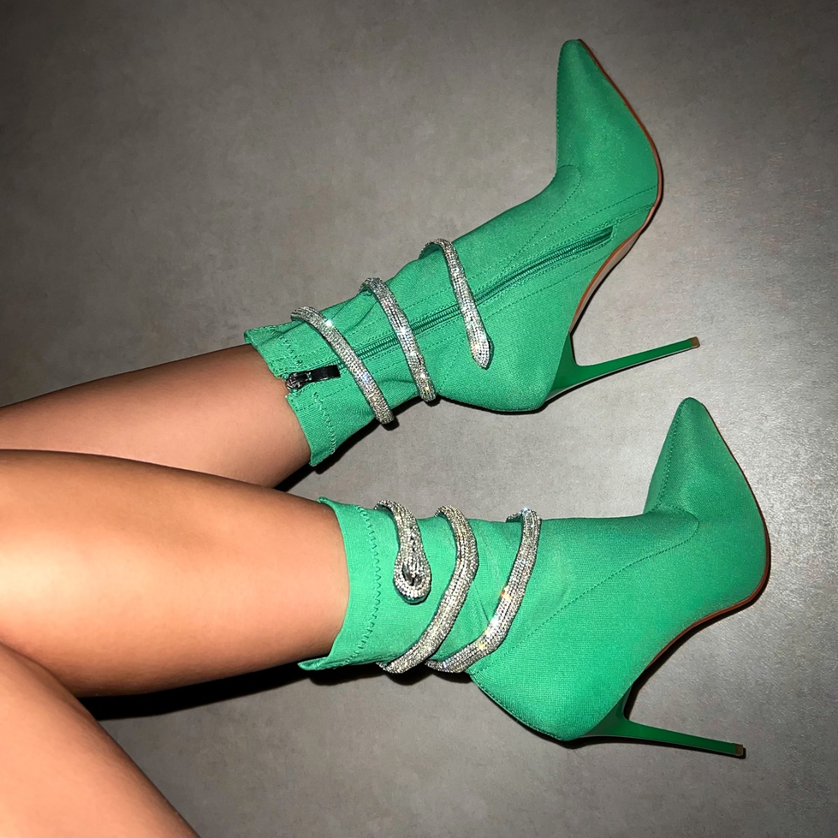 Caspian Green Lycra Diamante Wrap Ankle Boots