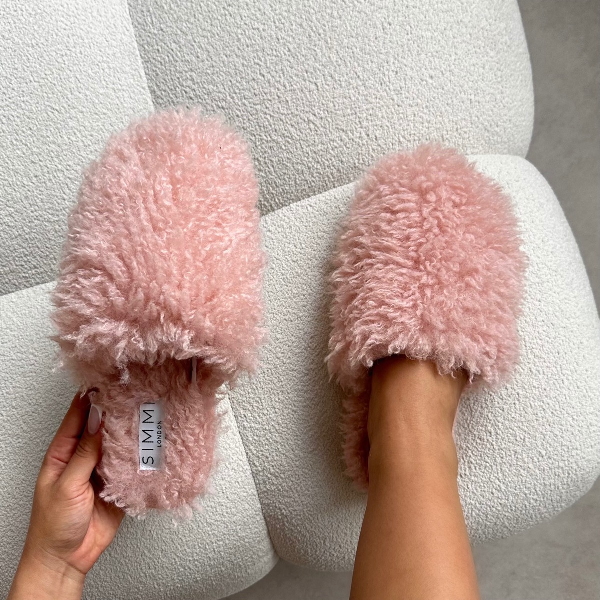 Floof Light Pink Curly Faux Fur Slippers