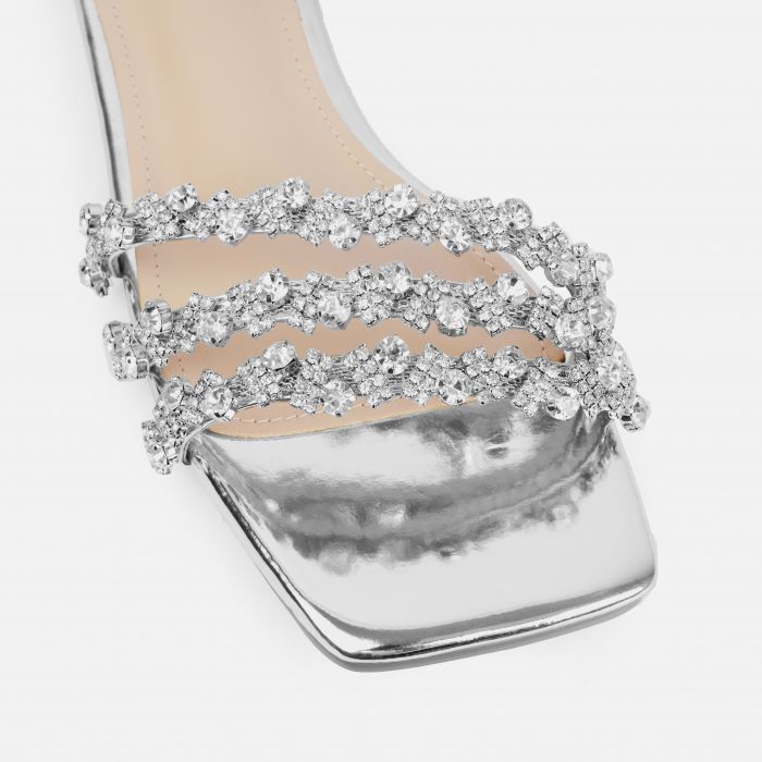 Capri Silver Mirror Diamante Flat Sandals | SIMMI London