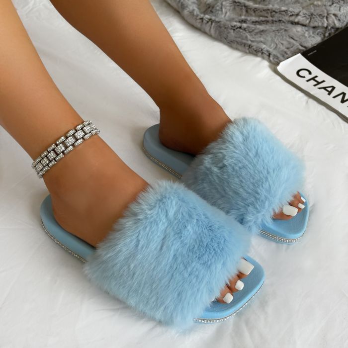 Candyfloss Baby Blue Fluffy Faux Fur Slippers | SIMMI London