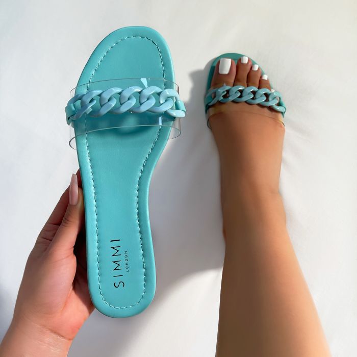 Raddix Sea Blue Clear Chain Flat Sandals | SIMMI London