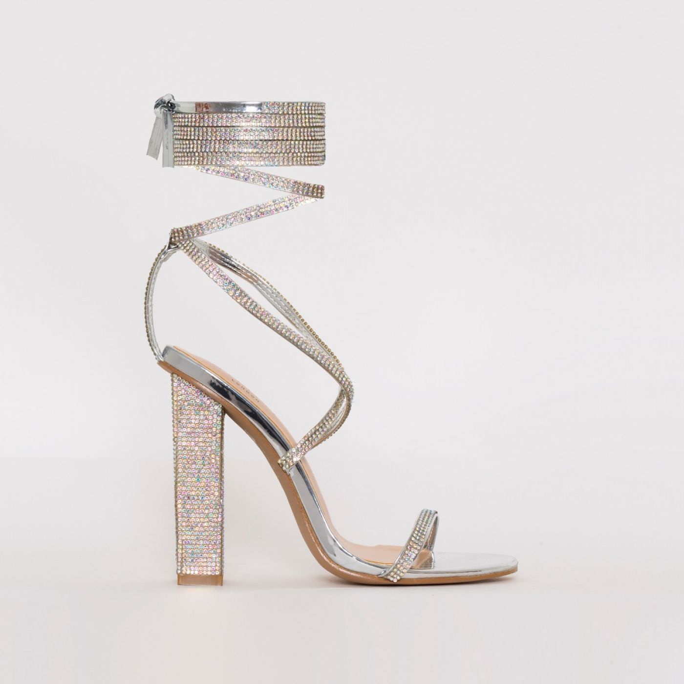 Aisha Silver Mirror Lace Up Diamante Block Heels