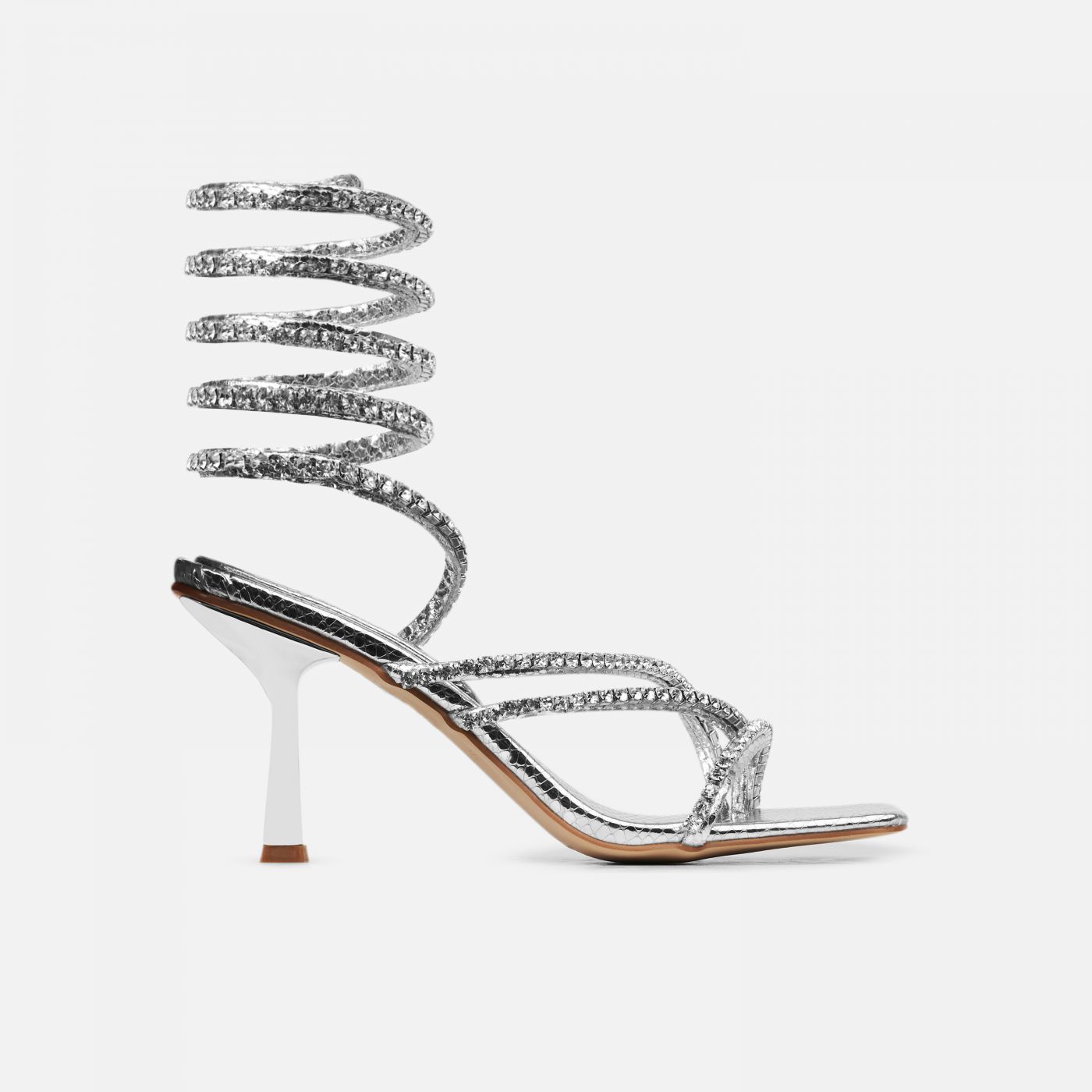Freesia Silver Faux Snake Print Spiral Mid Heels | SIMMI London