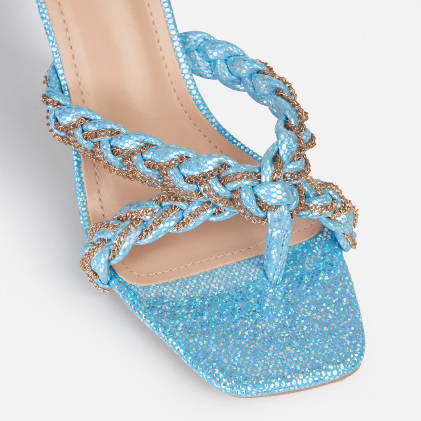 Norah Blue Glitter Chain Woven Lace Up Clear Stiletto Heels | SIMMI London