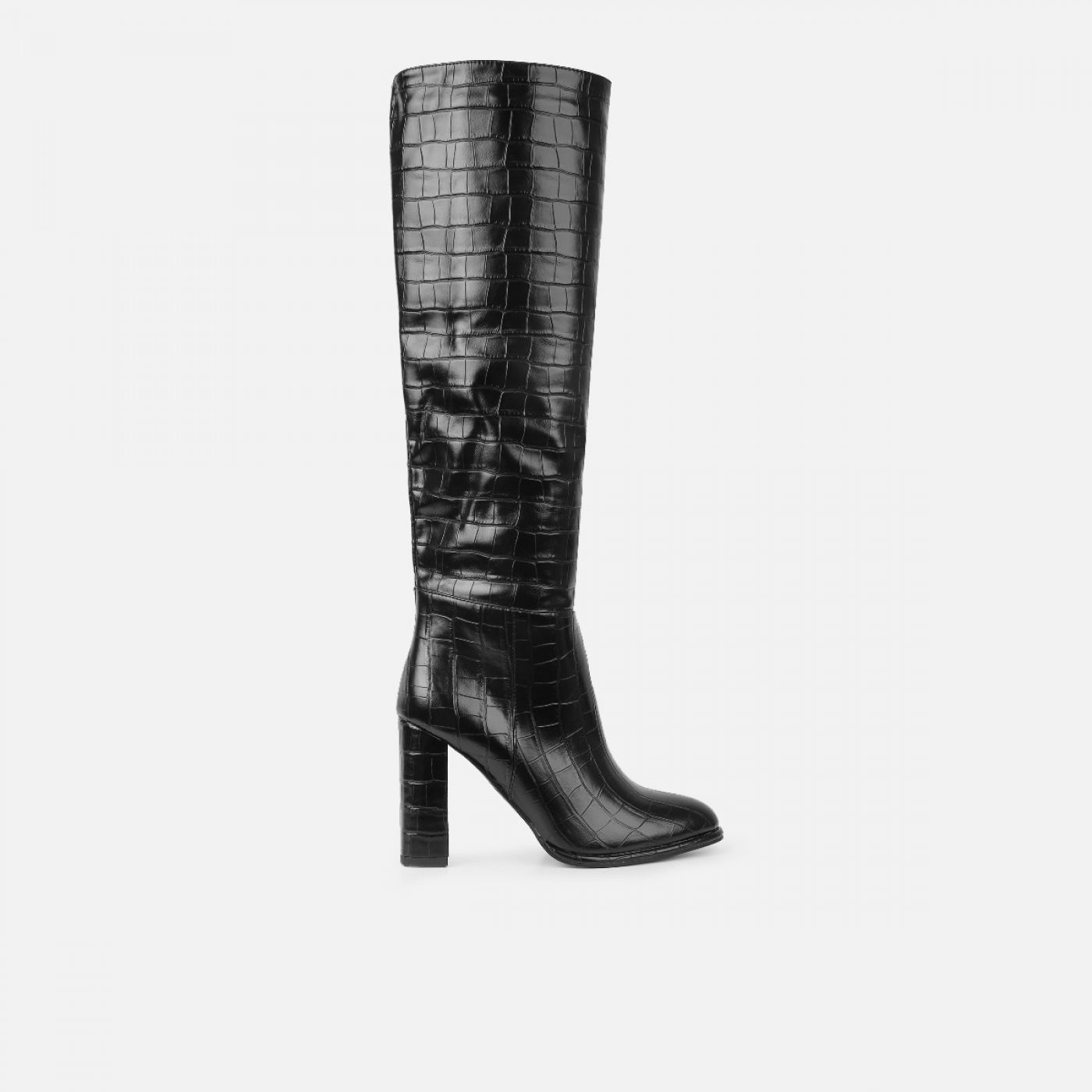 Oakley Black Faux Croc Block Heel Knee High Boots | SIMMI London