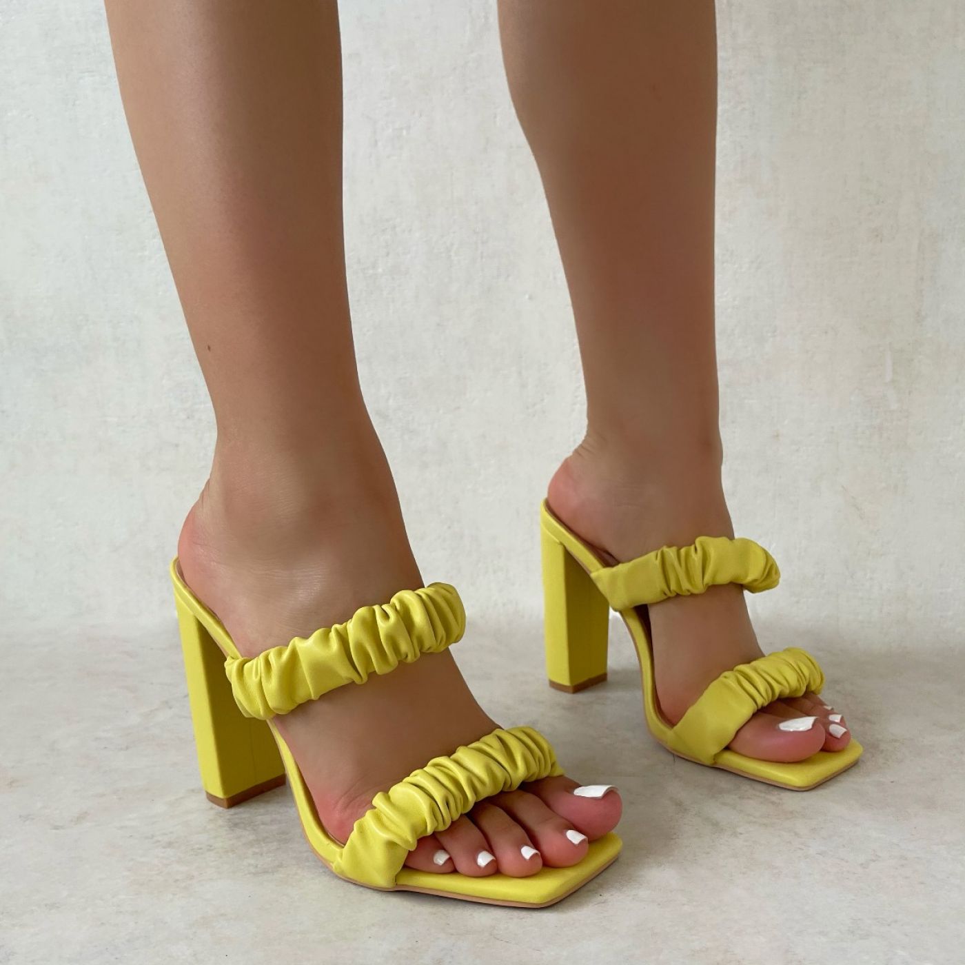 Tanice Yellow Ruched Double Strap Block Heel Mules | SIMMI London
