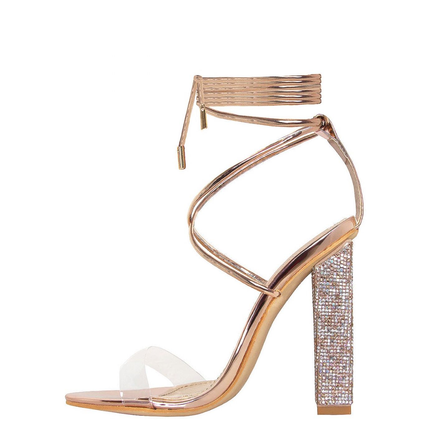Tula Rose Gold Clear Lace Up Diamante Block Heels