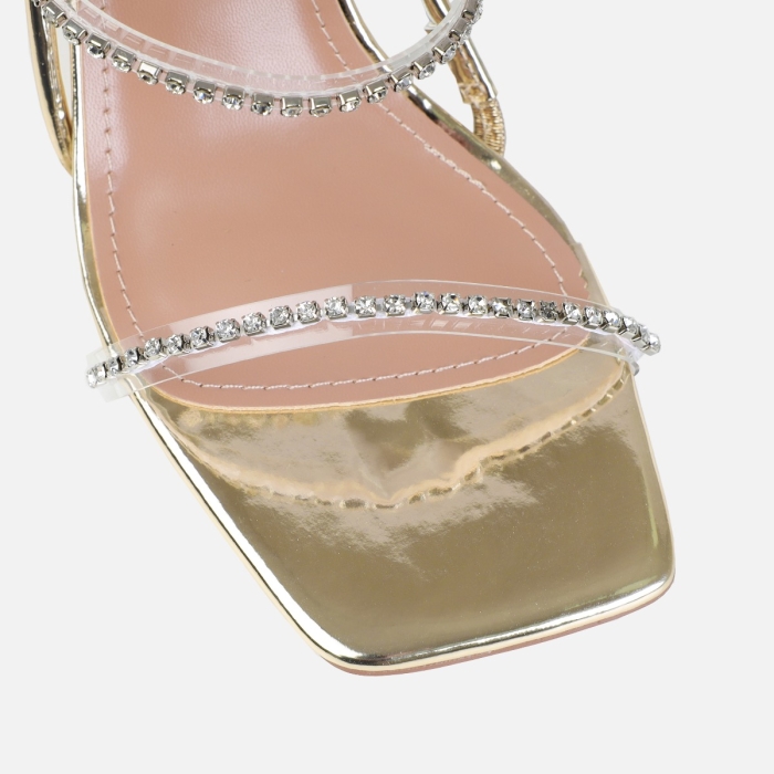 Dionne Crowe Confetti Gold Clear Diamante Mid Heel Mules | SIMMI London
