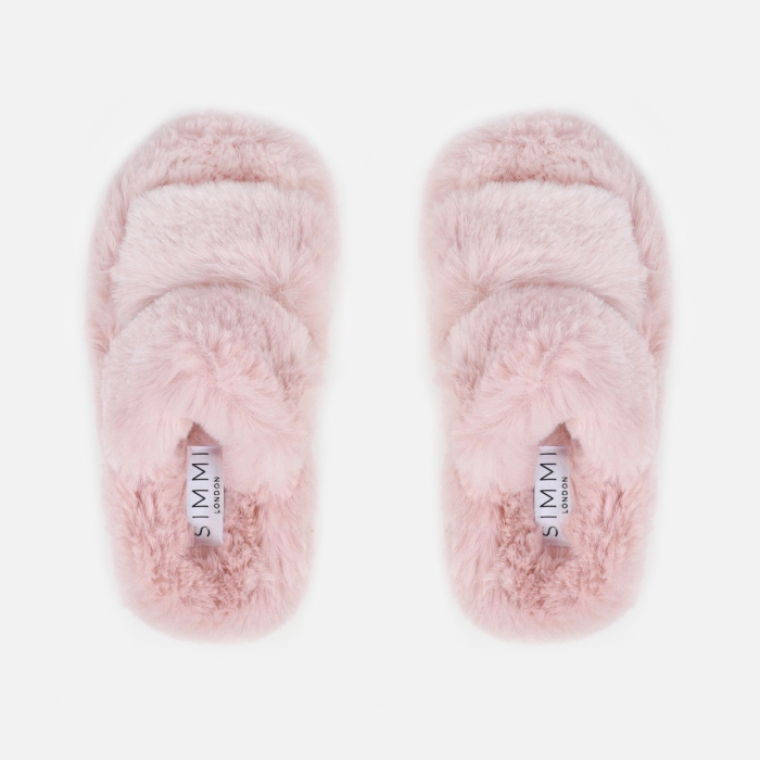 Fuzziest Blush Pink Faux Fur Fluffy Slippers Simmi London 