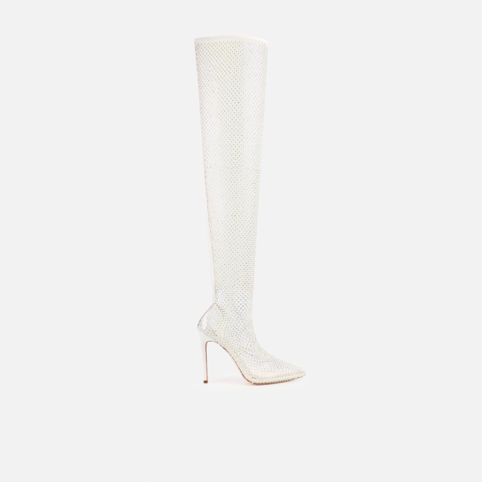 Onika White Diamante Fishnet Thigh High Heels | SIMMI London