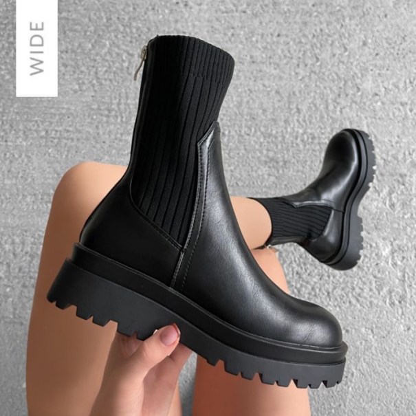Holland Wide Fit Black Knit Chunky Ankle Boots