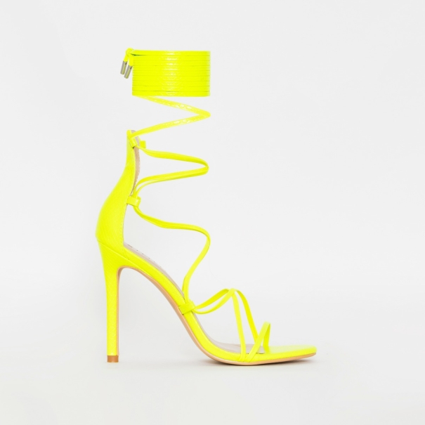 Miah Neon Yellow Snake Print Strappy Lace Up Heels
