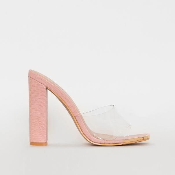 SIMMI SHOES / HELIX PINK FAUX SNAKE PRINT CLEAR BLOCK HEEL MULES