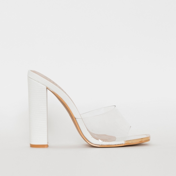 SIMMI SHOES / HELIX WHITE FAUX SNAKE PRINT CLEAR BLOCK HEEL MULES