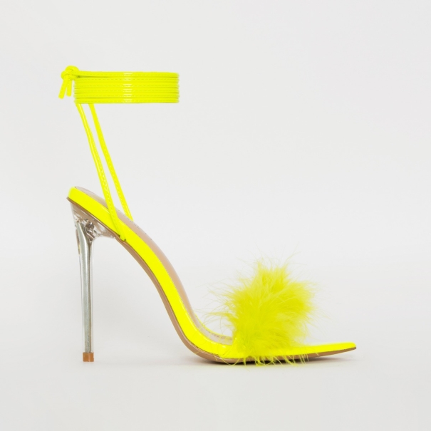 Obey Fluffy Neon Yellow Patent Lace Up Stiletto Heels