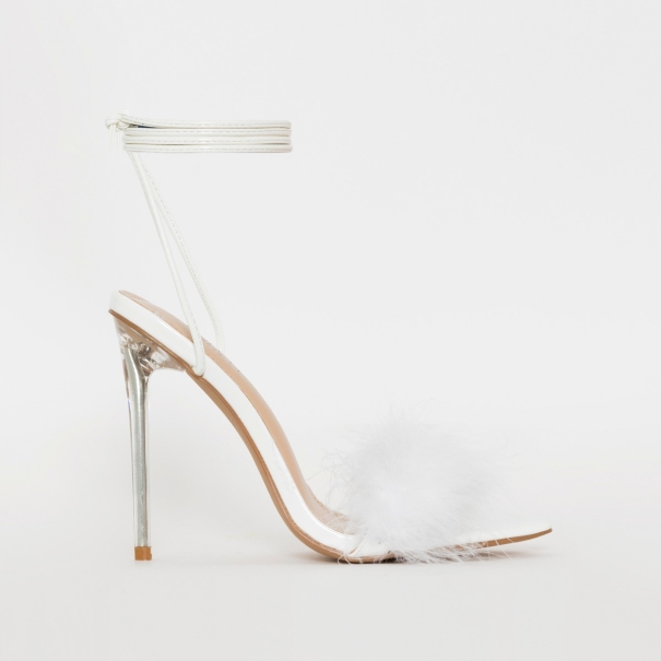 SIMMI SHOES / OBEY FLUFFY WHITE PATENT LACE UP STILETTO HEELS
