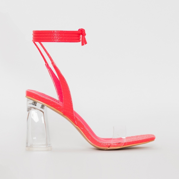 SIMMI SHOES / ROMI PINK PATENT SNAKE PRINT LACE UP CLEAR BLOCK HEELS

