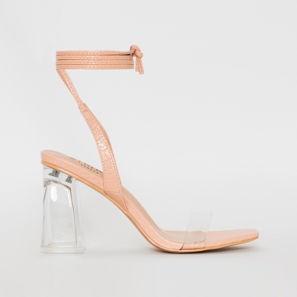 SIMMI SHOES / ROMI NUDE PATENT SNAKE PRINT LACE UP CLEAR BLOCK HEELS

