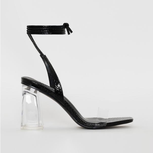 SIMMI SHOES / ROMI BLACK PATENT SNAKE PRINT LACE UP CLEAR BLOCK HEELS