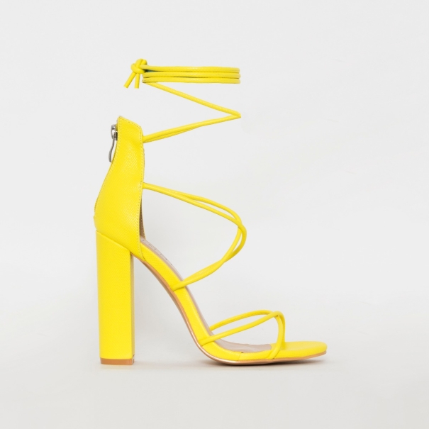 Tamina Yellow Snake Print Strappy Block Heels