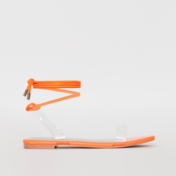 Laurel Clear Orange Croc Print Lace Up Flat Sandals