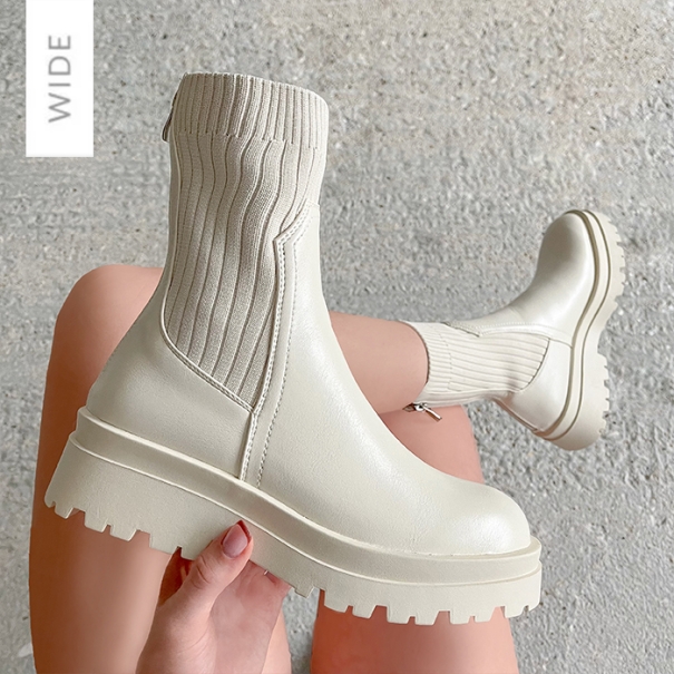 Holland Wide Fit Cream Knit Chunky Ankle Boots