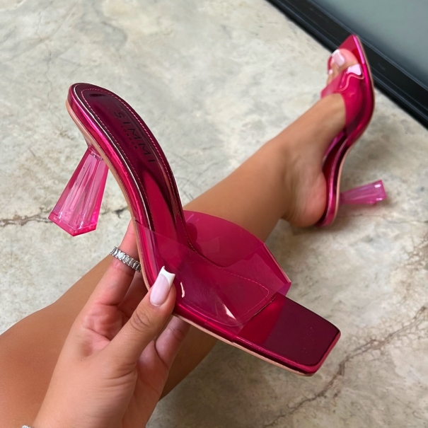 Tasha Ghouri Caelina Pink Patent Clear Mid Heel Mules