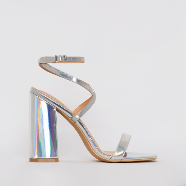 SIMMI SHOES / BLAISE SILVER IRIDESCENT STRAPPY BLOCK HEELS