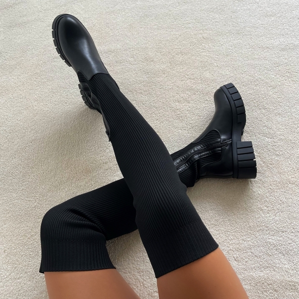 Matias Black Flat Knitted Chunky Thigh High Boots | SIMMI London