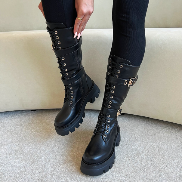 Myles Black Buckle Lace Up Chunky Calf Boots | SIMMI London
