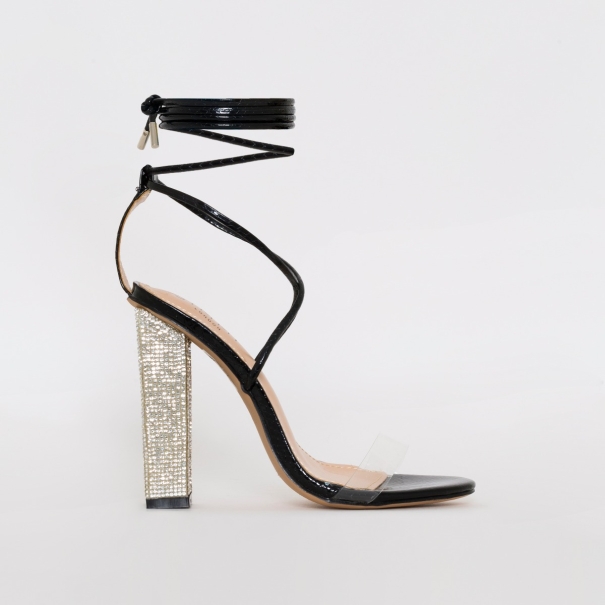 SIMMI SHOES / KARLA BLACK SNAKE CLEAR LACE UP DIAMANTE HEELS