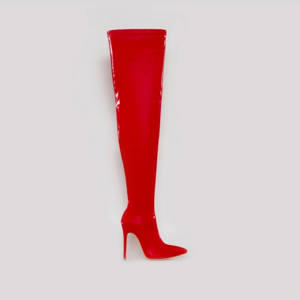 SIMMI SHOES / ISABEL RED SHINE THIGH HIGH STILETTO BOOTS