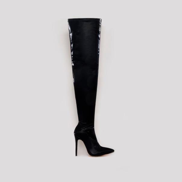 SIMMI SHOES / ISABEL BLACK SHINE THIGH HIGH STILETTO BOOTS